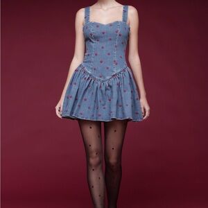 Heart Embroidered Denim Flare Mini Dress